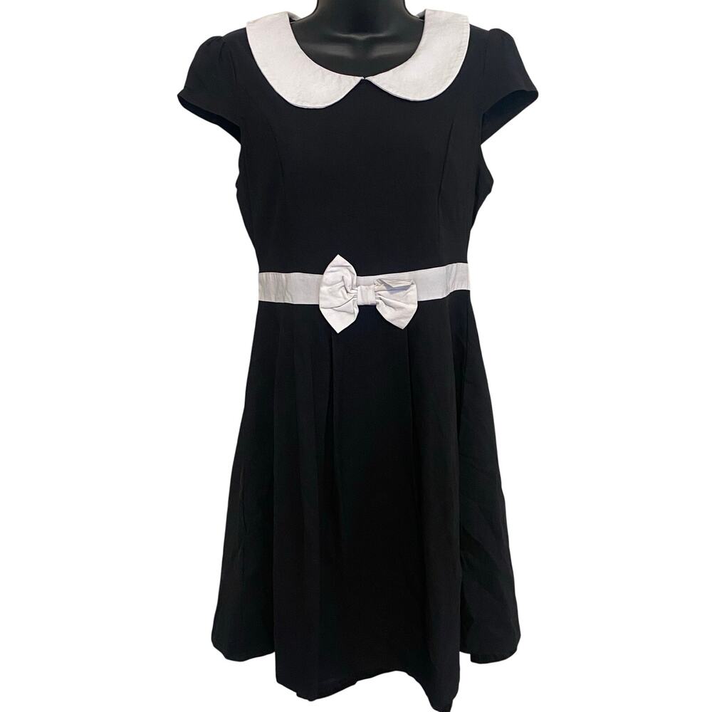 Sourpuss Dress Womens Sz Medium Peter Pan Collar Bow Black White Retro